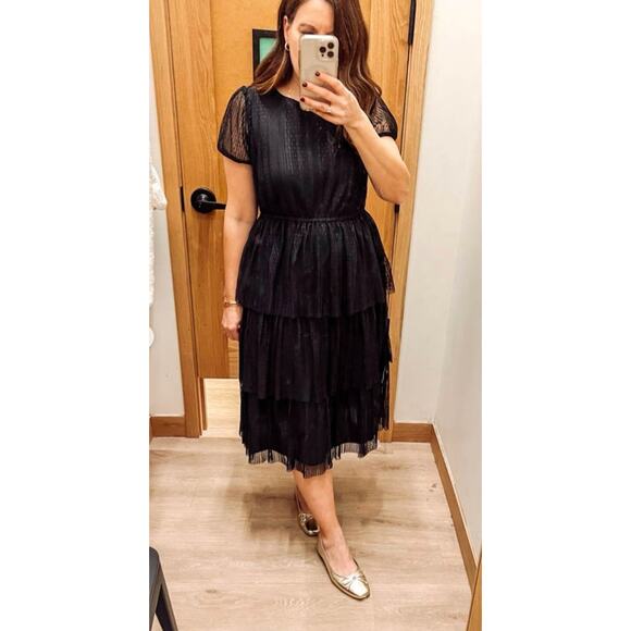 J.Crew Factory NWT Black Swiss Dot Tiered Midi Dress Short Puff Sleeve Size 2 - Picture 1 of 8